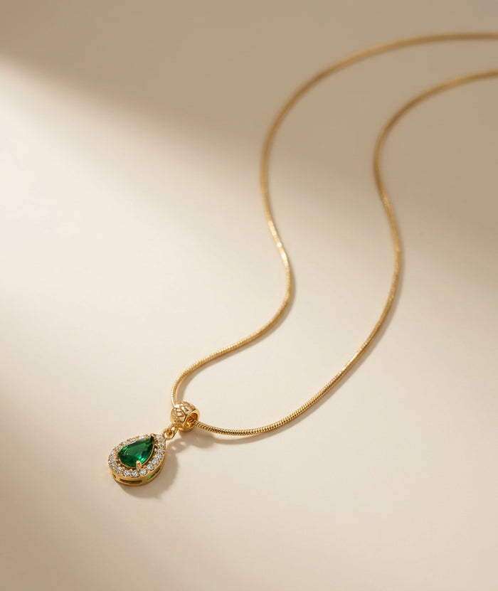 Emerald Teardrop Halo Pendant Necklace