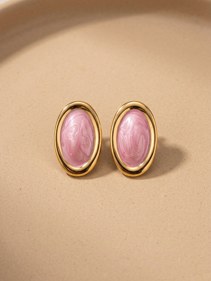 Pink Marble Oval Gold Stud Earrings
