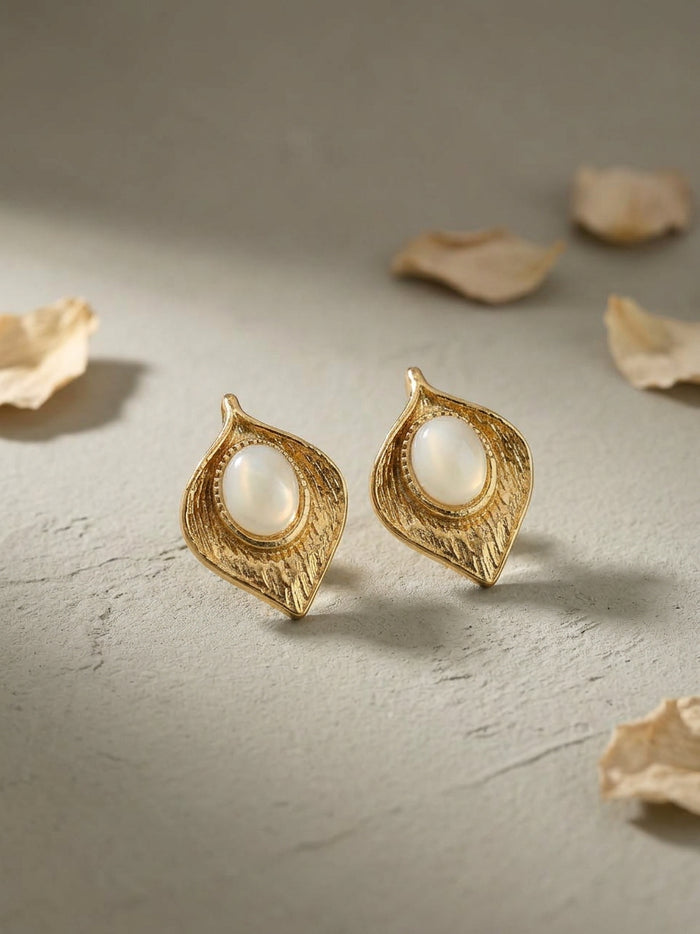 Pearl White Leaf Gold Stud Earrings