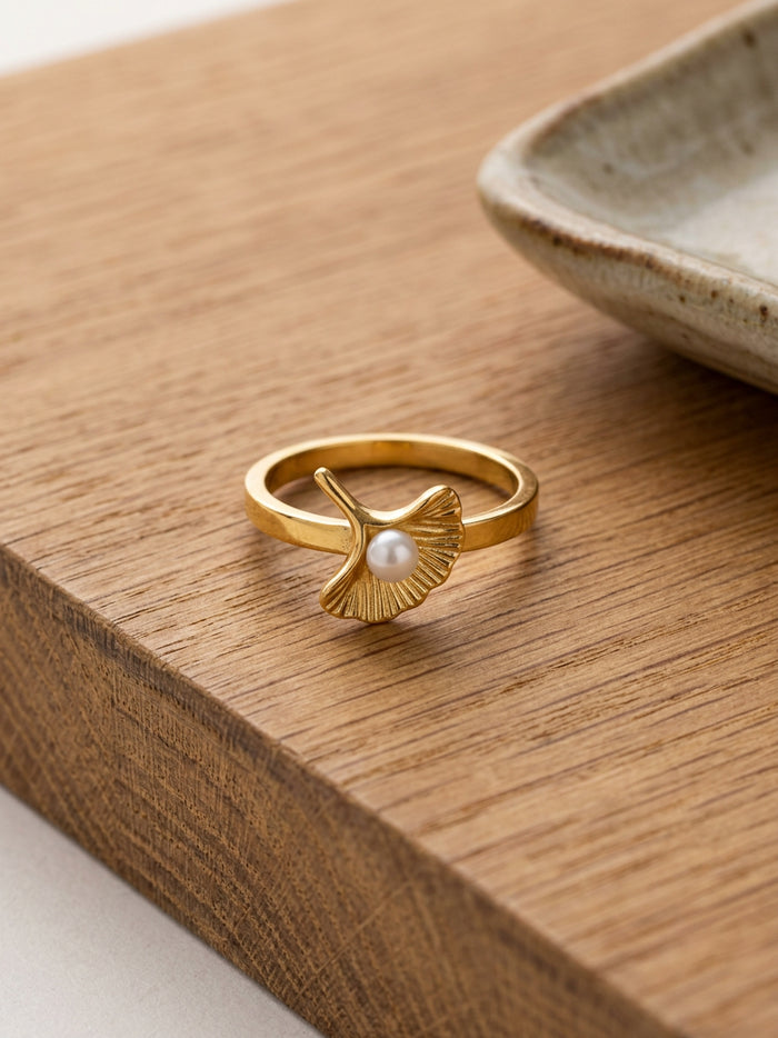 Pearl Leaf Gold Ring for Women