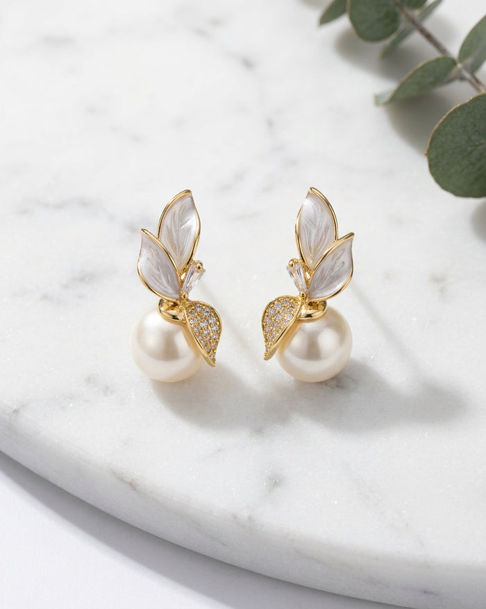 Pearl Leaf Gold Clip On Earrings