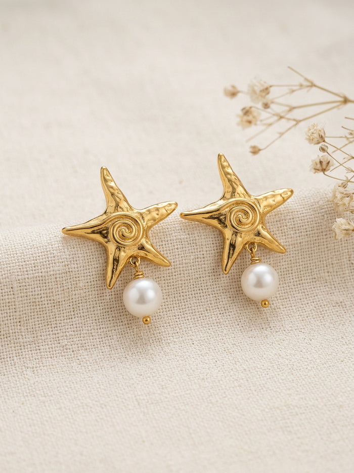 Starfish Pearl Drop Gold Earrings