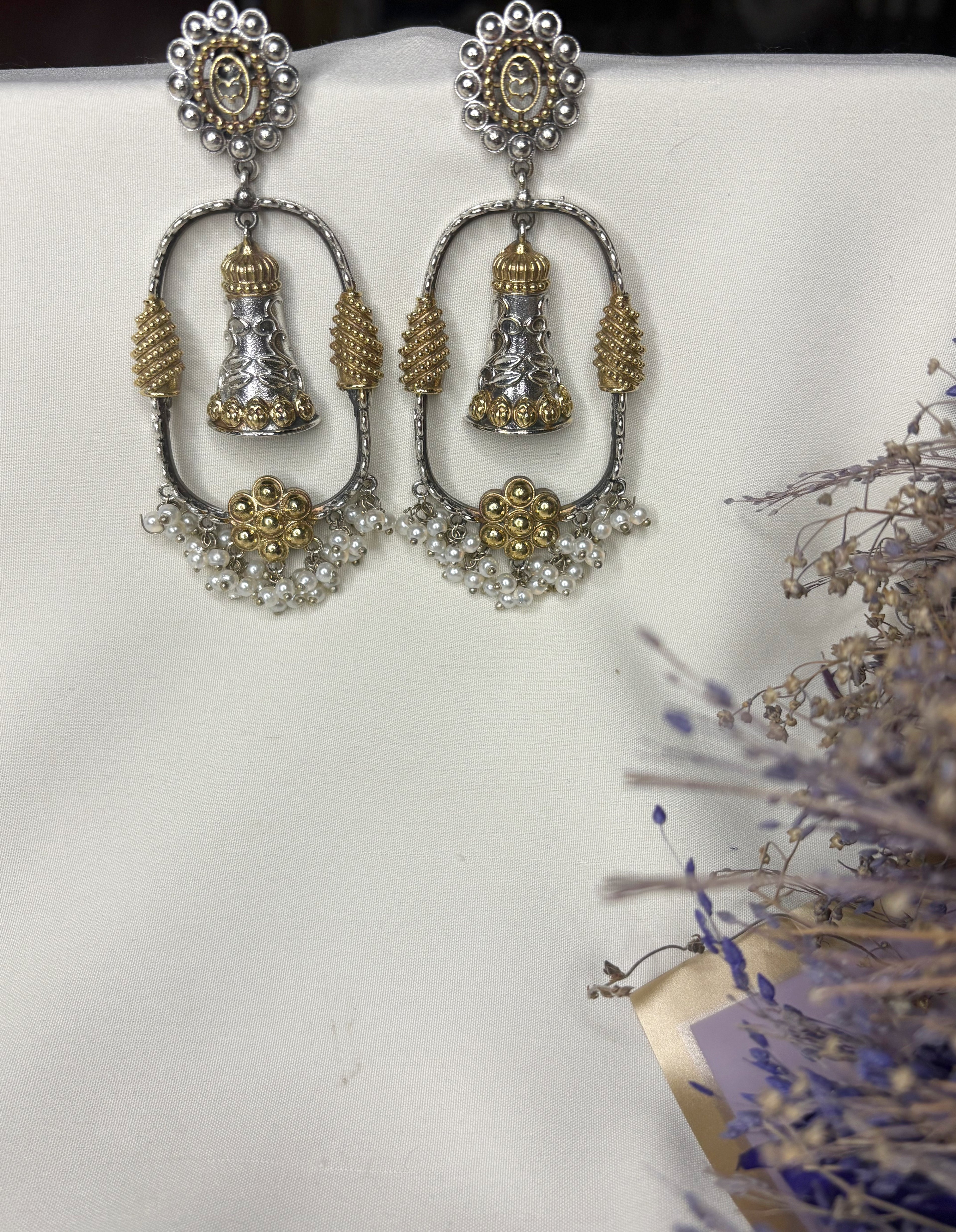 Dual Tone Gold Silver Kashmiri Jhumka Earrings