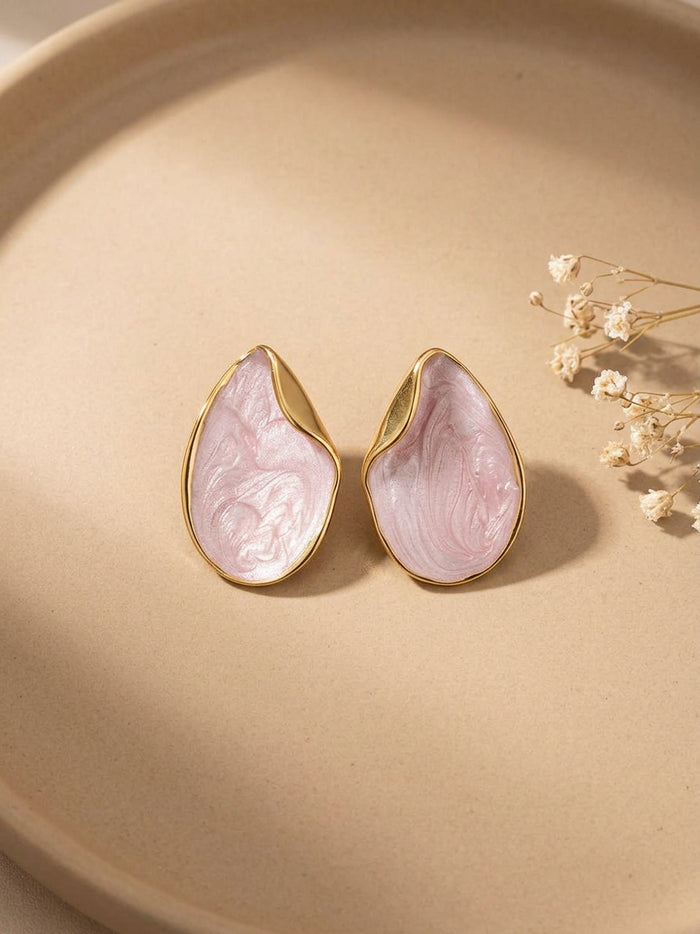 Pink Marbled Teardrop Gold Stud Earrings
