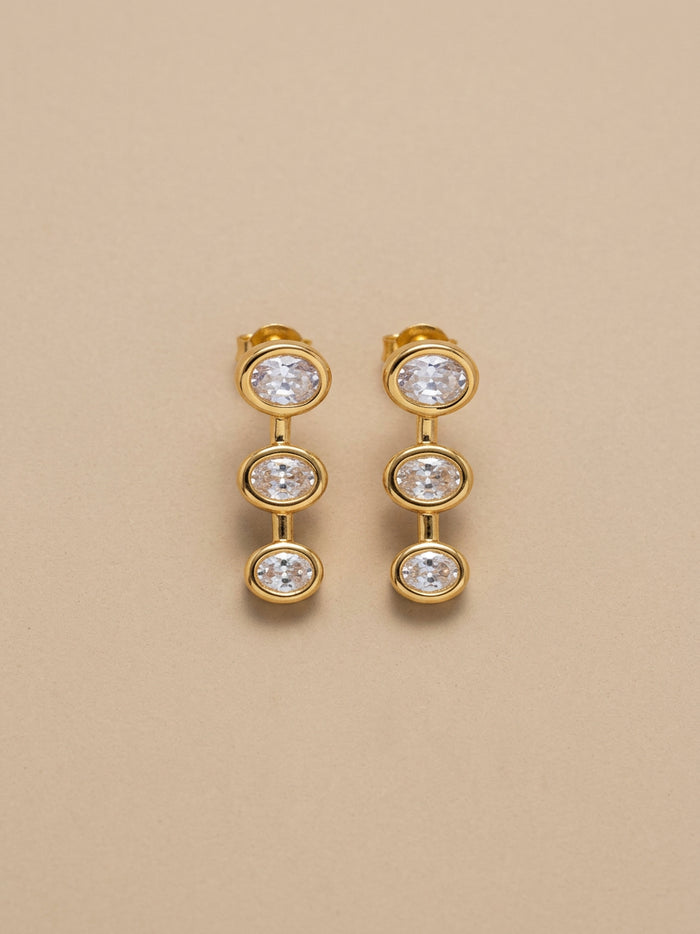 Oval Stone Trio Gold Drop Earrings