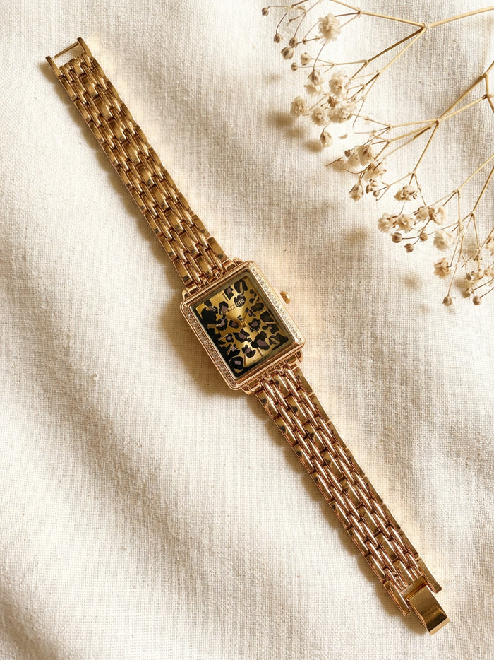 Leopard Print Rectangle Dial Gold Watch