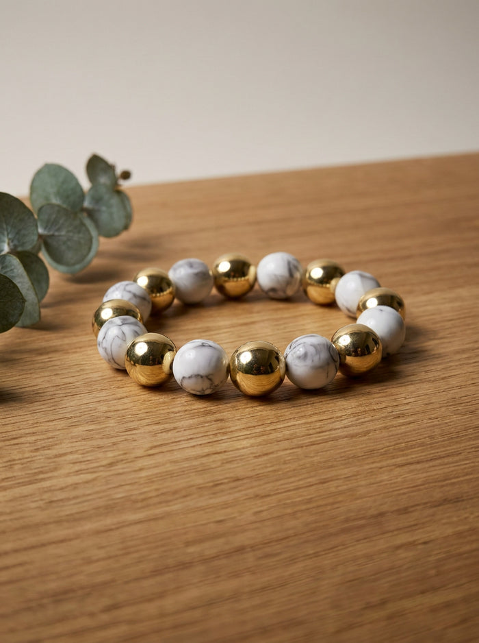 Marble Bead and Gold Stretch Bracelet