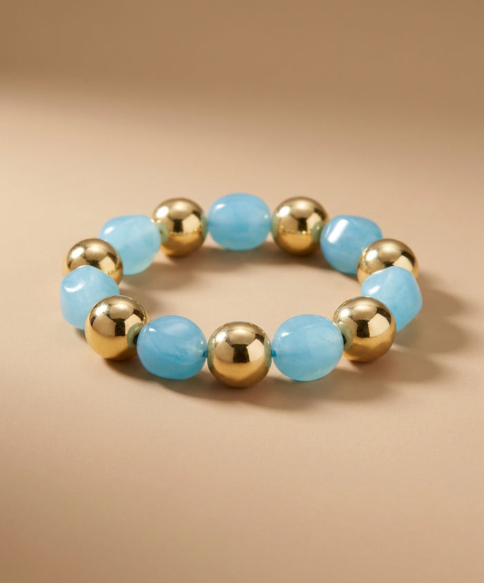 Sky Blue Marbled Resin Bead Bracelet with Gold