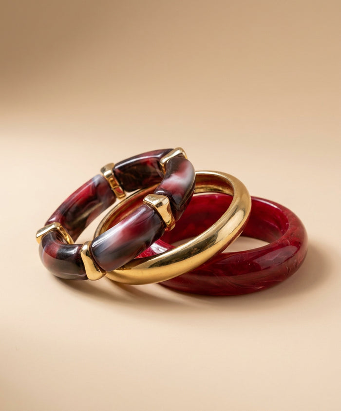 Burgundy Resin and Gold Bangle Stack