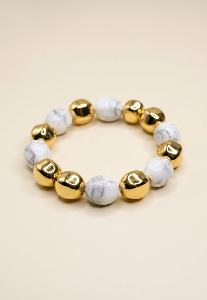 White Marble Bead Bracelet with Gold Beads