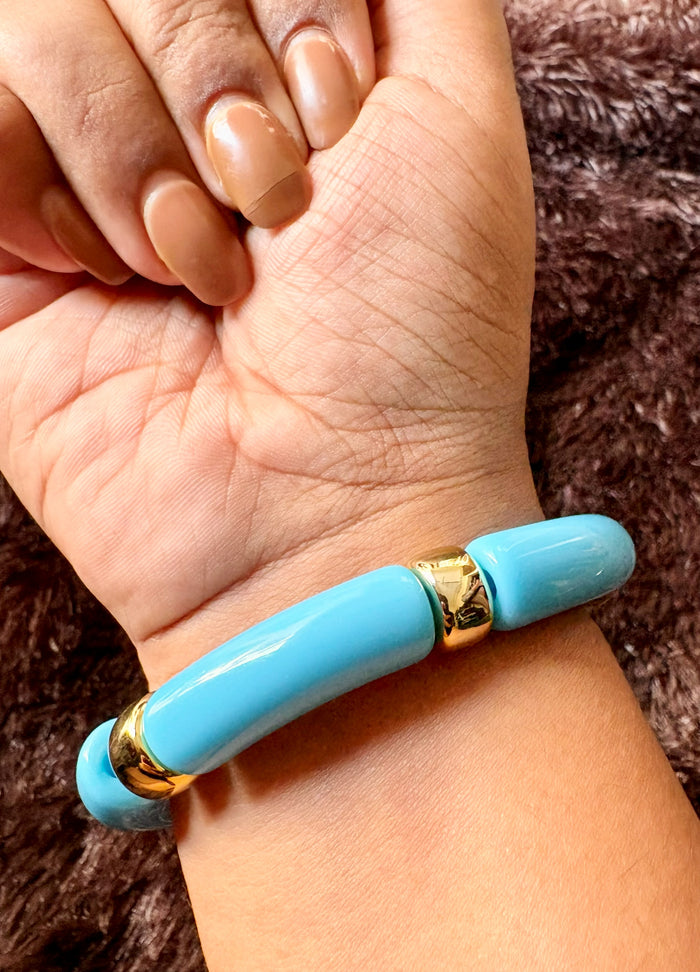 Turquoise Resin Tube Stretch Bracelet with Gold Spacers