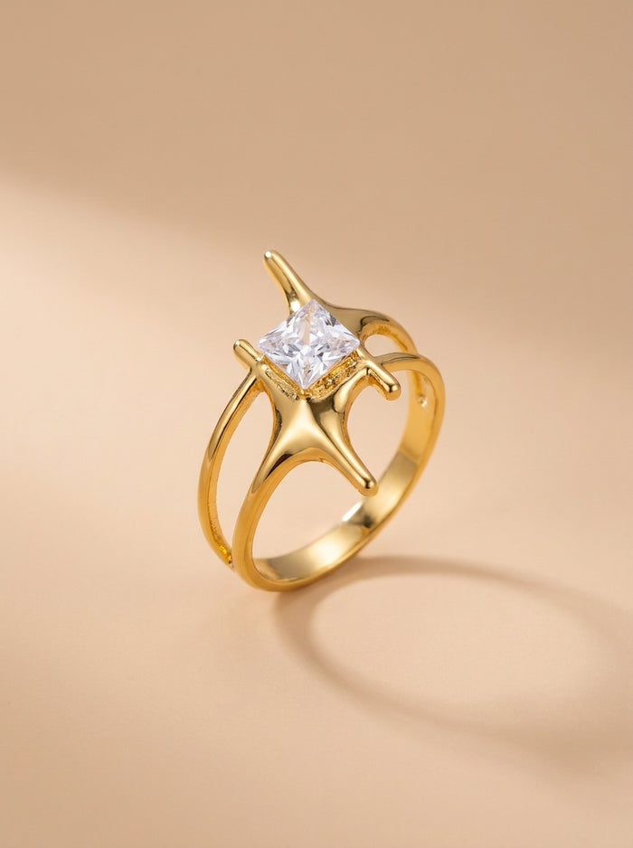 Gold Star Ring with Square Crystal
