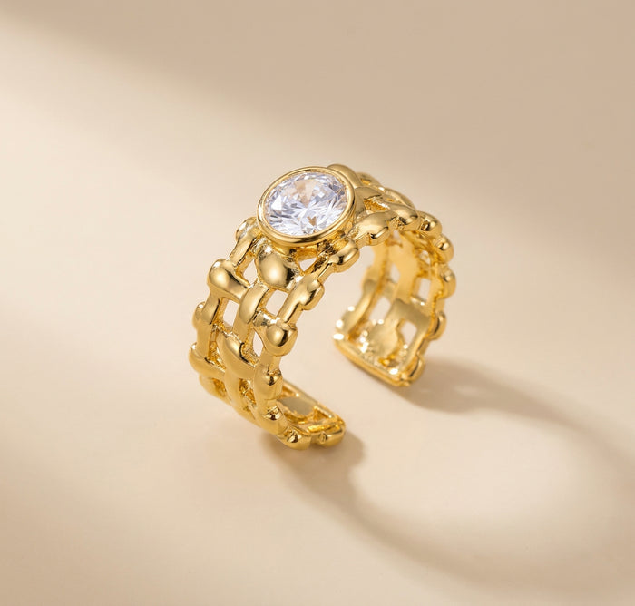 Gold Woven Band Ring with Oval Crystal