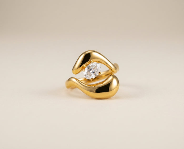 Gold Curved Wrap Ring with Oval Crystal