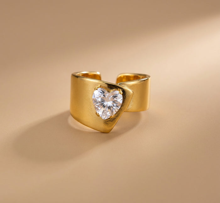 Gold Wide Band Ring with Heart-Cut Crystal
