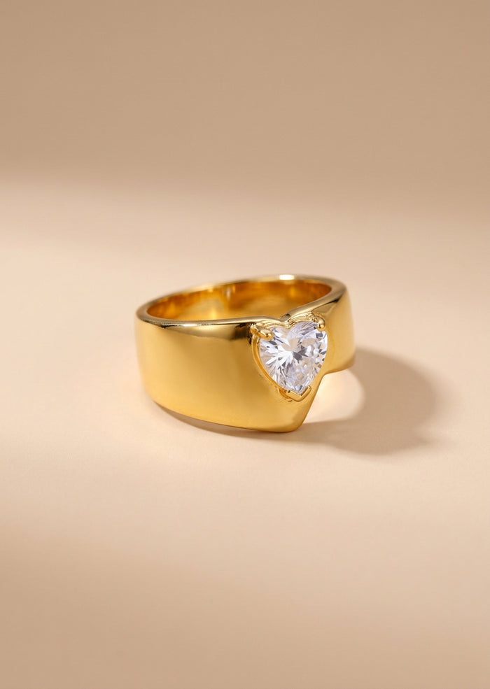 Gold Wide Ring with Heart Crystal