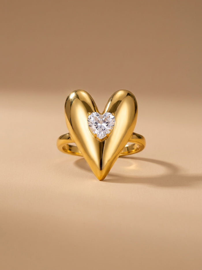 Gold Heart-Shaped Ring with Crystal