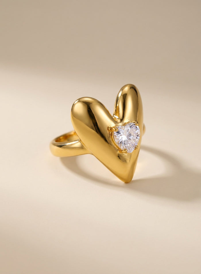 Gold V-Shaped Ring with Heart Crystal
