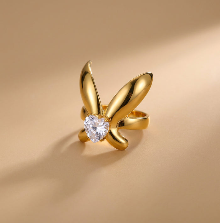 Gold Bunny Ear Ring with Heart Crystal