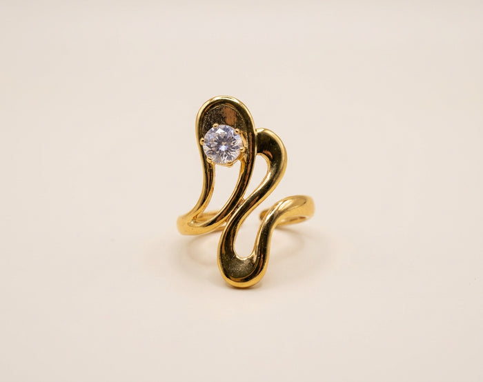 Gold Wave Ring with Oval Crystal