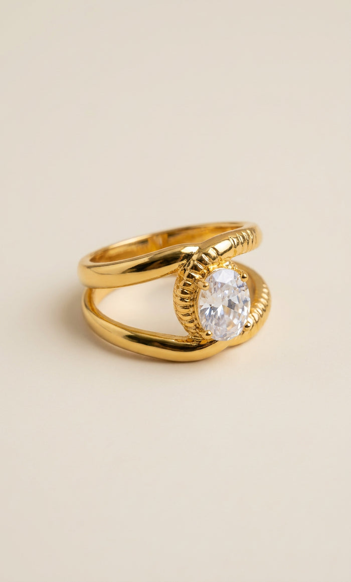 Gold Textured Band Ring with Oval Crystal