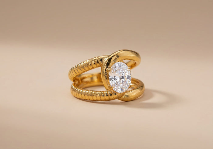 Gold Ribbed Wrap Ring with Oval Crystal