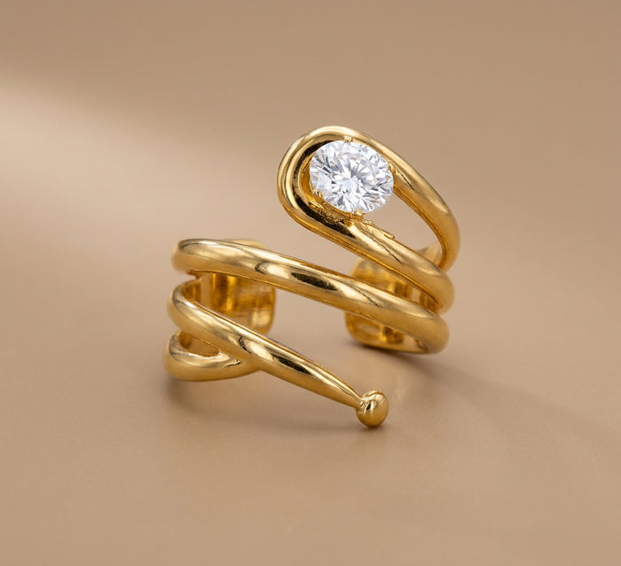 Gold Layered Swirl Ring with Large Oval Crystal