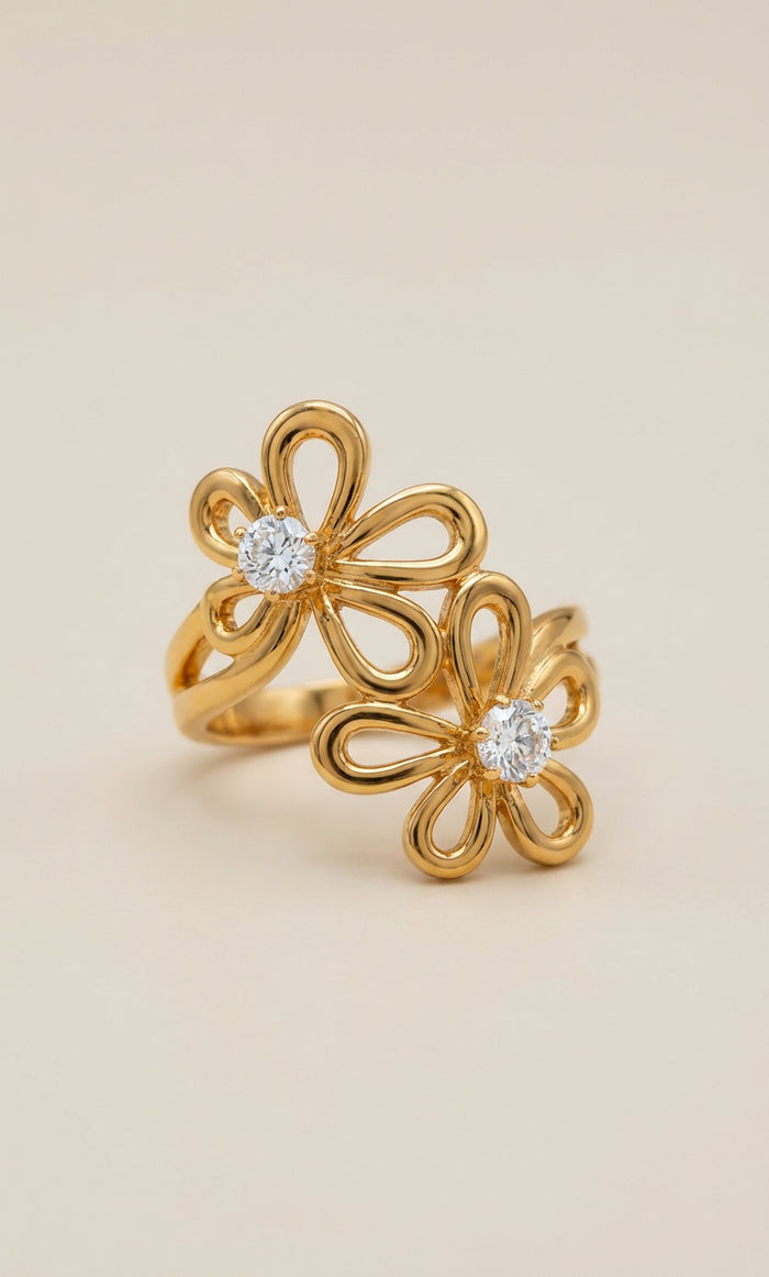 Gold Daisy Duo Ring with Crystals