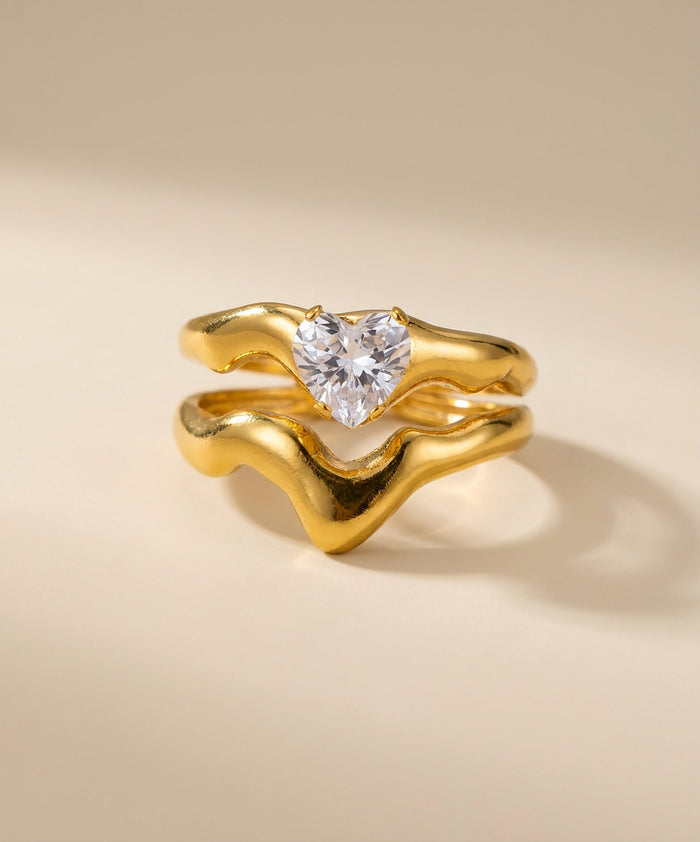 Gold Wave Stack Ring with Heart Crystal