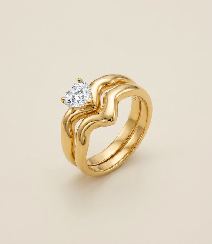 Gold Wave Double Ring with Heart Crystal