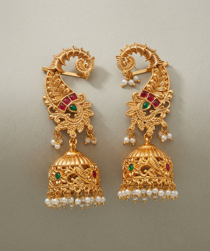 Royal Peacock Gold Ear Cuff Jhumka Earrings