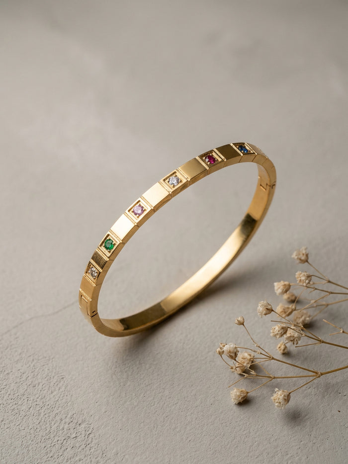 Multicolour Stone Square Link Gold Bangle