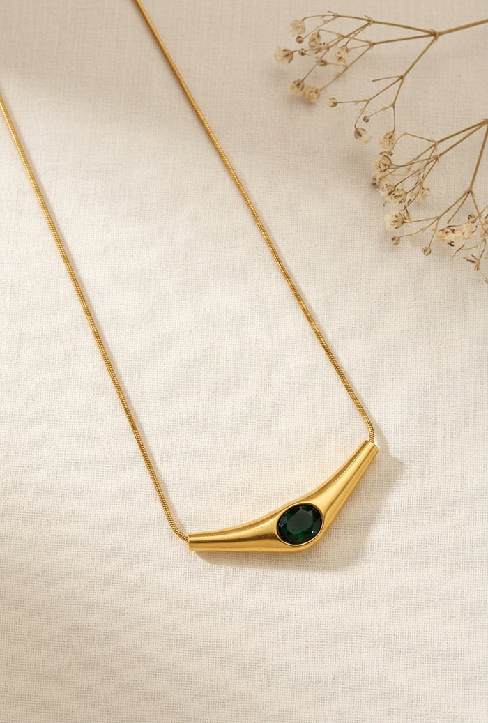 Emerald Green Stone Curved Bar Gold Necklace