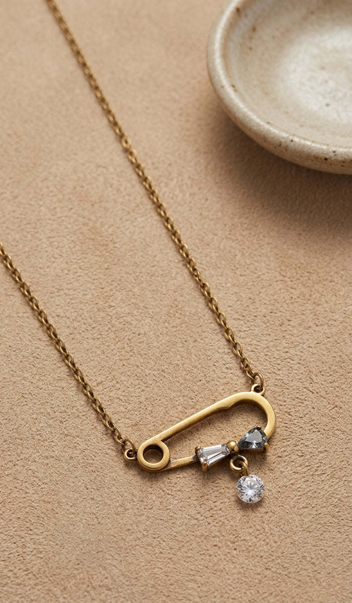 Safety Pin Stone Bow Gold Chain Necklace