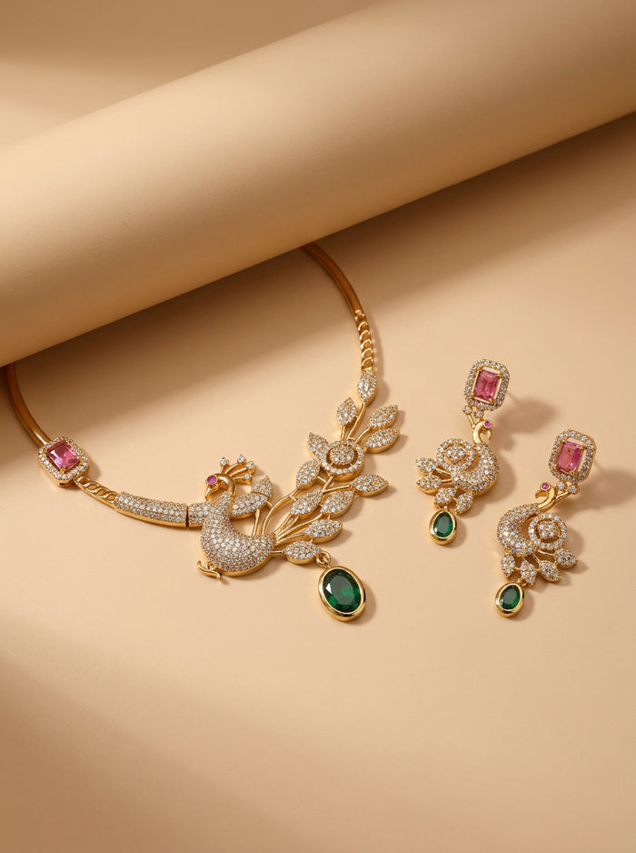 Peacock Collar Necklace Set with Emerald Drop