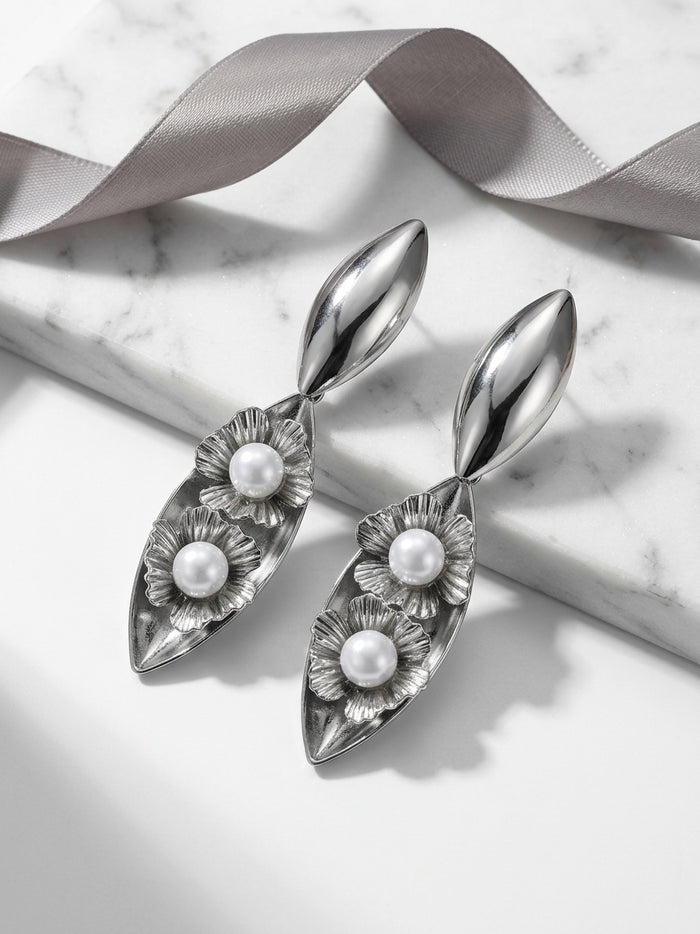 Silver Tone Pearl Flower Drop Earrings