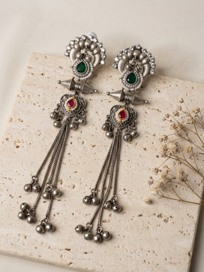 Silver-Tone Kashmiri Long Drop Earrings