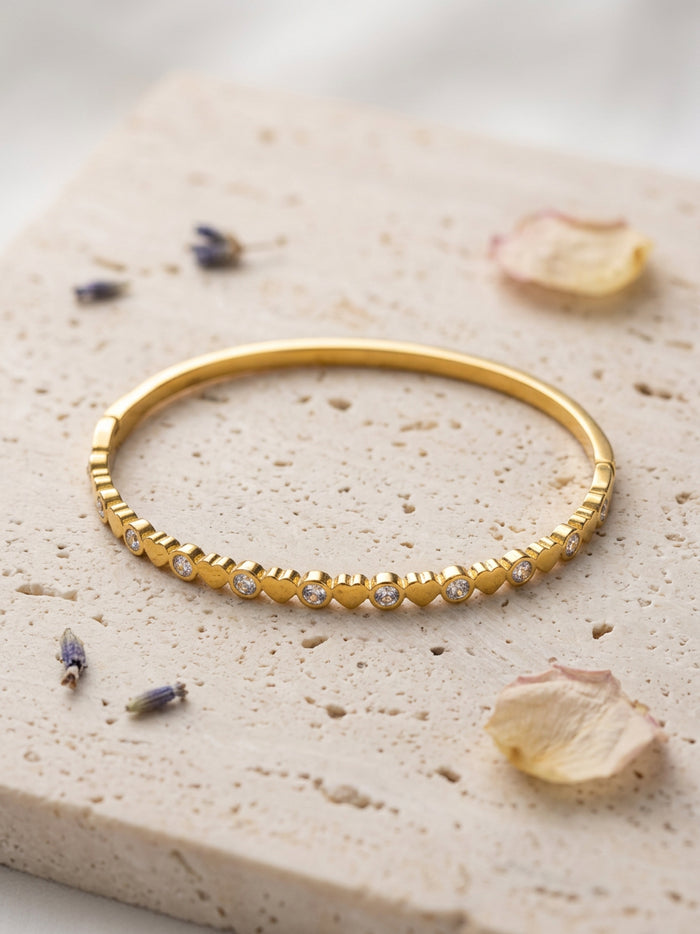 Small Heart Row Stone Gold Bangle Bracelet