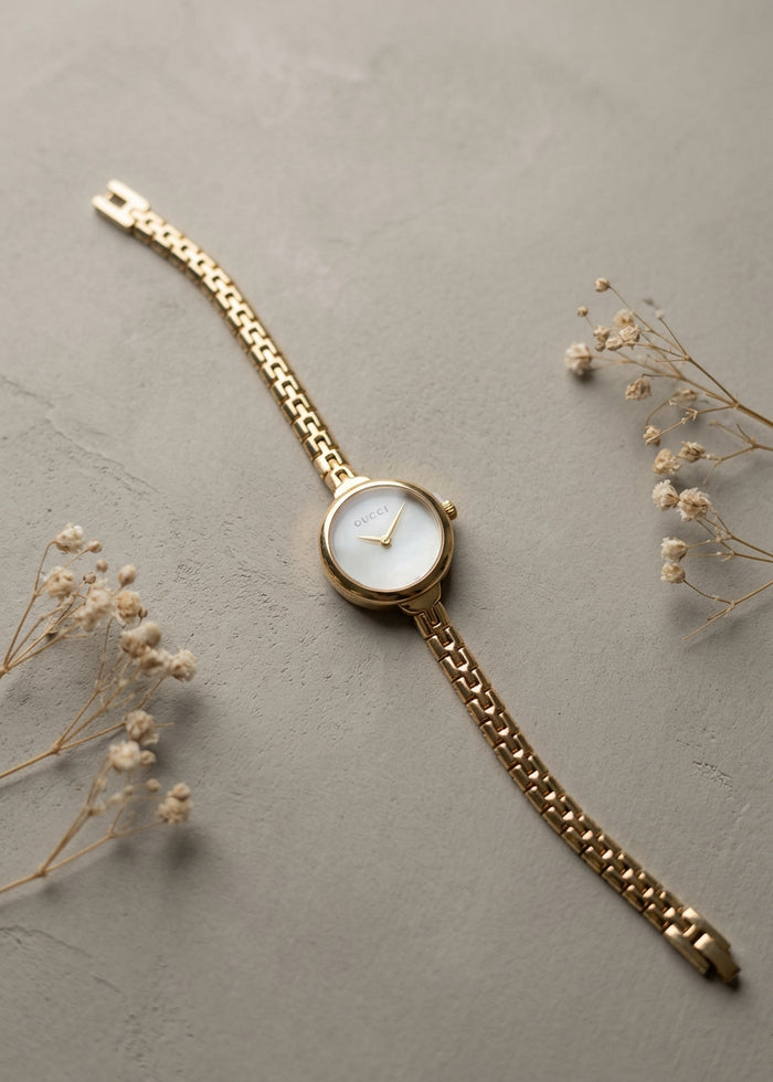 Slim Pearl White Dial Gold Watch for Women