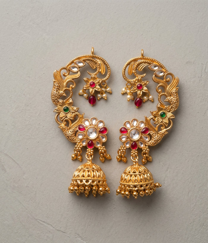 Kundan Peacock Ear Cuff Jhumka Earrings