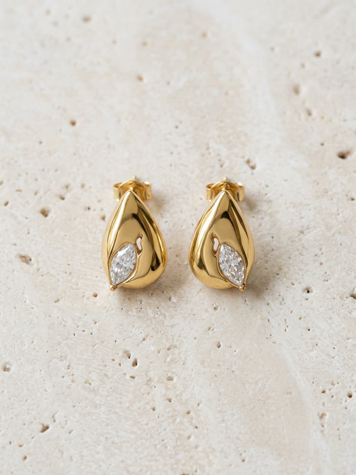 Glossy Teardrop Marquise Stone Gold Studs