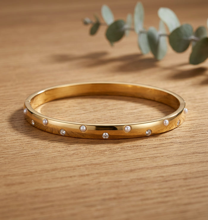 Pearl Stone Studded Gold Bangle Bracelet