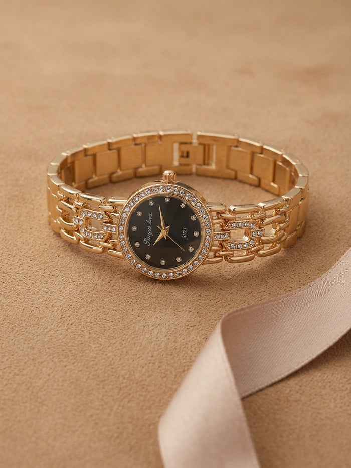 Black Dial Stone Border Gold Watch for Women