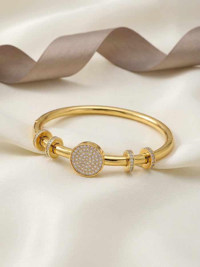 Round Stone Disc Gold Bangle Bracelet Size 2.4