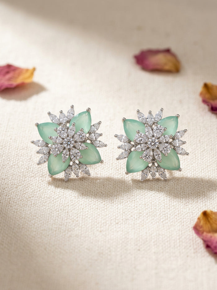 Teal Stone AD Flower Stud Earrings