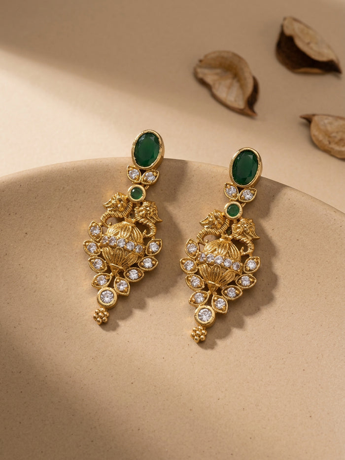 Temple Style Green Stone Drop Earrings