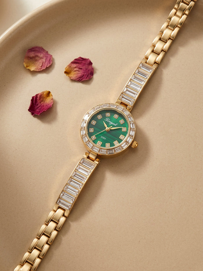 Green Dial Baguette Stone Gold Watch for Women
