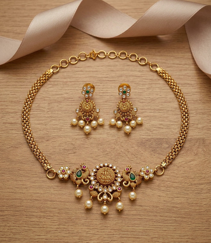 Traditional Choker Set with Pearl Drop Earrings