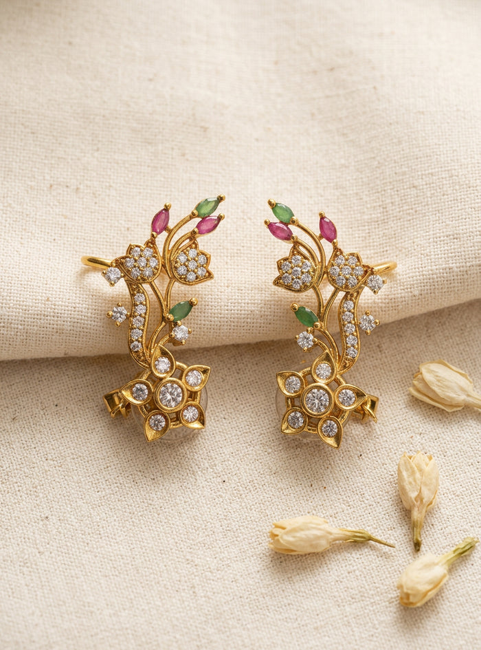 Floral Ruby Green Stone Ear Cuff Earrings