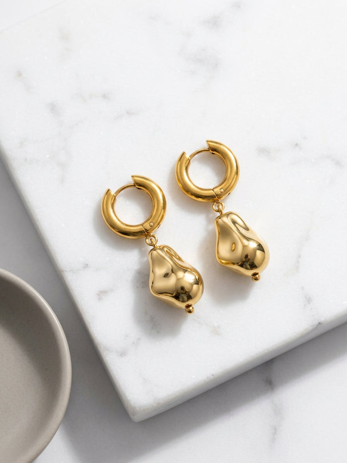 Gold Pear Charm Huggie Hoop Earrings